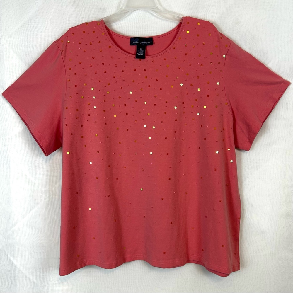 Susan Graver Short Sleeve Sequin and Seed Pearl Embellished Top / 3XL